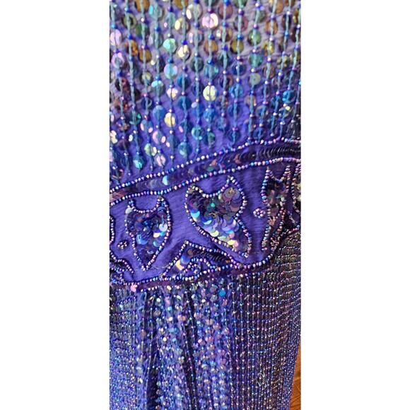 Vintage Women's Fully Sequin Beaded Silk Long‎ Sleeve Top & Skirt Set Large Blue - Picture 3 of 9